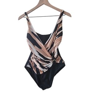 La Blanca Tan Black Brushstroke Stripe Pattern One Piece Swimsuit
